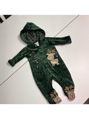 Bright Future 0-3 Months One Piece Green Velvet Christmas Snap Footie Embroidery